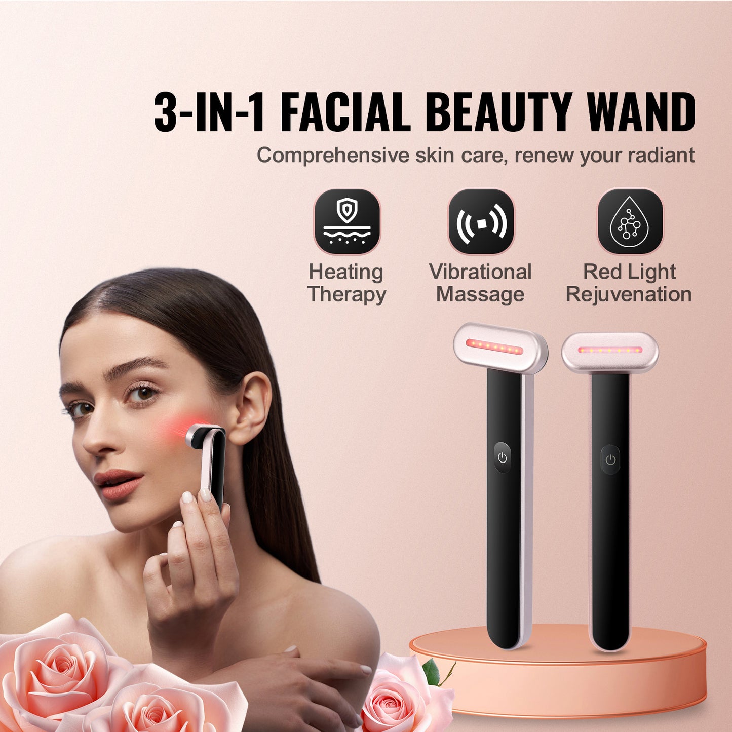 Ease on Life - Portable LED Red Light Therapy Glow Wand For Face and Neck, 7-Color LED Facial Wand Red Light Therapy with Heating and Microcurrent Vibrating Massage